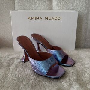 AMINA MUADDI Lupita Fairy Blue Slipper Mule Fluted Heel Metallic Hologram Heels